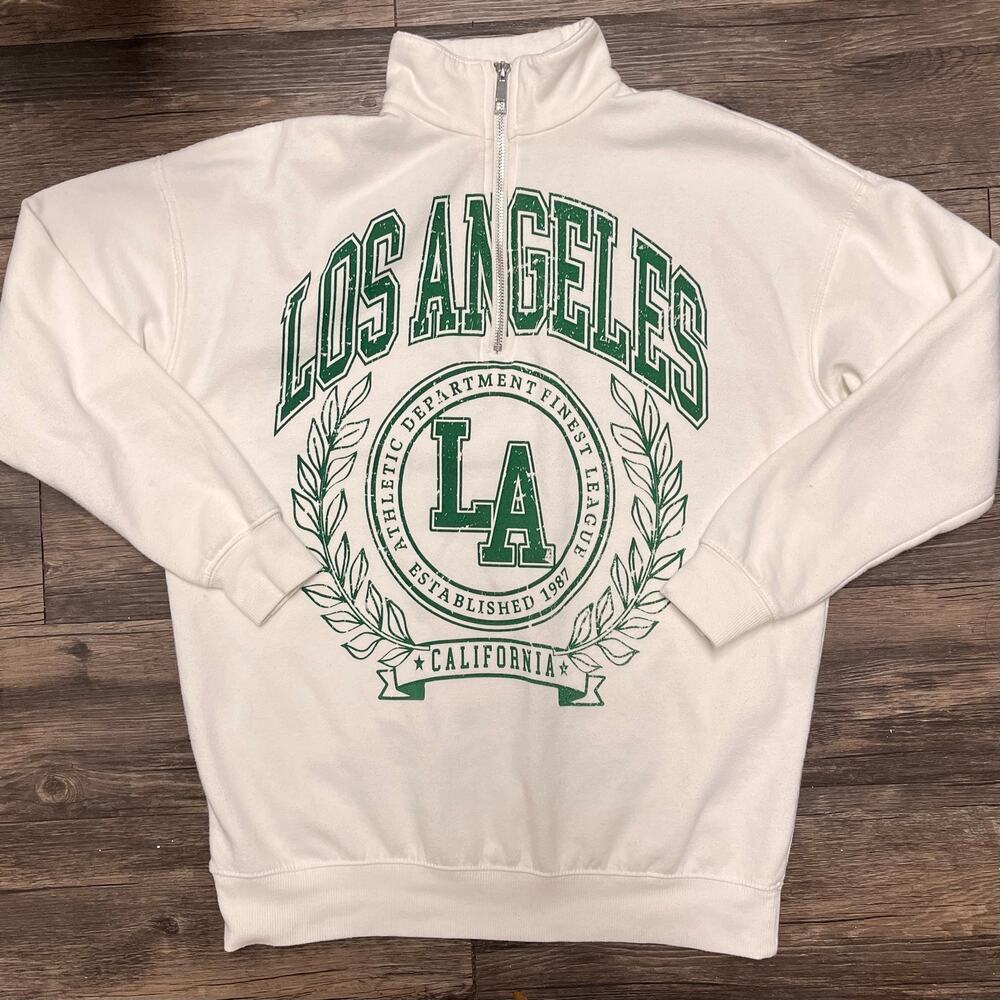 No Boundaries LA Quarter Zip Sweatshirt White Green Graphic XS Preppy Y2K Street - Picture 6 of 9
